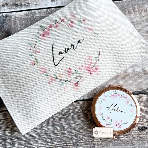 Personalised Name .. pink Blossom Greenery Design Linen Style Make Up Bag Mum Auntie Sister Gift