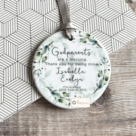 Personalised Godmother Godparents Thank you Decoration Foliage Greenery...Round Ceramic  - Keepsake Decoration - Ornament