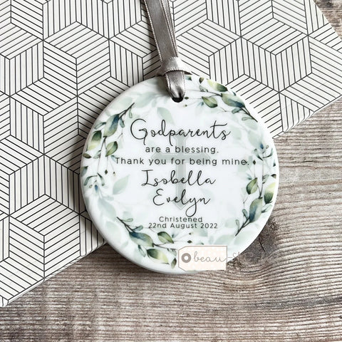 Personalised Godmother Godparents Thank you Decoration Foliage Greenery...Round Ceramic - Keepsake Decoration - Ornament