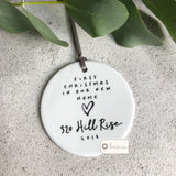 Personalised First Christmas in our new home Monochrome Heart Ceramic Round Decoration Ornament Keepsake
