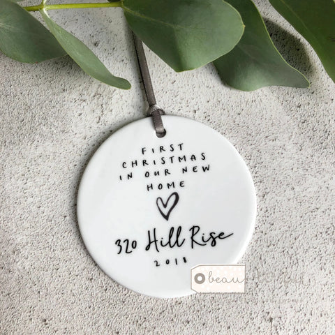 Personalised First Christmas in our new home Monochrome Heart Ceramic Round Decoration Ornament Keepsake
