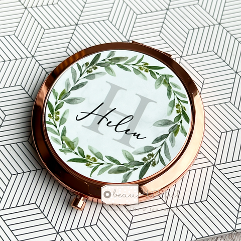 Personalised Initial and Name Greenery Wreath Rose Gold Silver Compact Mirror