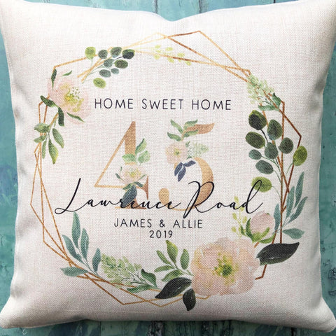 Personalised New Home House Warming Address Floral Geometric Linen Style Cushion