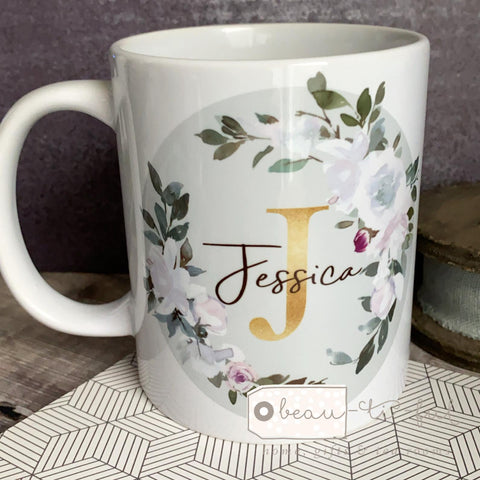 Personalised Name and Initial Mug with White Pink Floral Botanical Mug