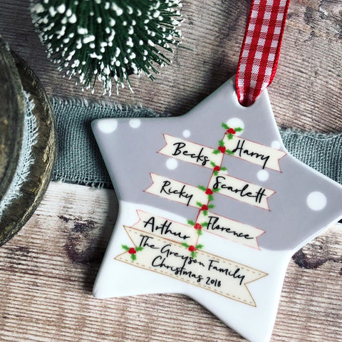Personalised Family Christmas Signpost Ceramic Star Christmas Decoration Ornament