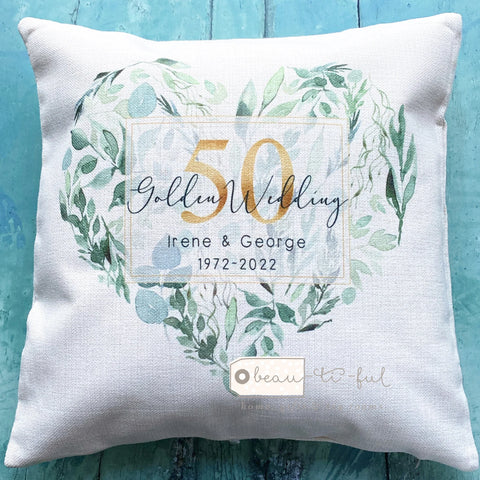 Personalised Mr Mrs Wedding Anniversary Eucalyptus Heart Cushion cover