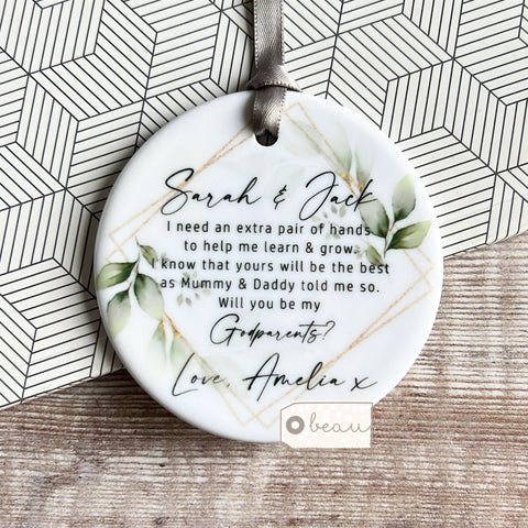 Personalised Will you be my Godfather Godmother Godparents Foliage Greenery Design Keepsake