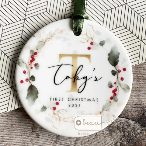Personalised Baby’s First Christmas New Baby Boy Girl Newborn Holly Wreath Greenery Ceramic Round Decoration