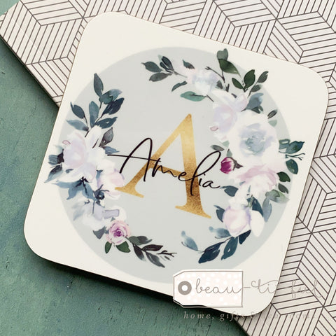 Personalised Name & Initial .. White Pink Floral Wreath Design coaster