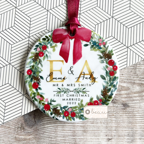 Personalised First Christmas Married Mr And Mrs Bow Greenery Round Ceramic Tree Hanger Decoration Ornament