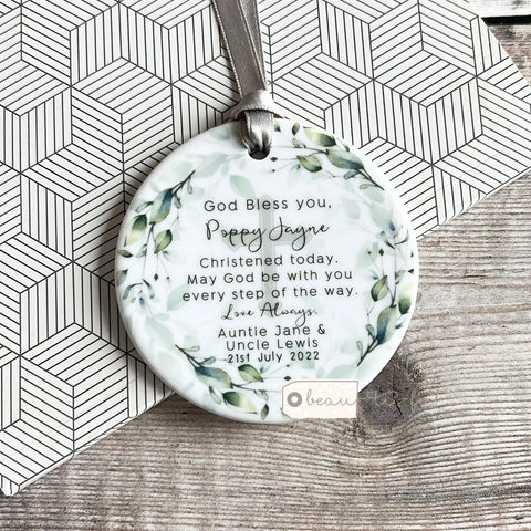 Personalised Christening Baptism Baby Girl Boy Foliage Greenery Ceramic Round Decoration Ornament Keepsake