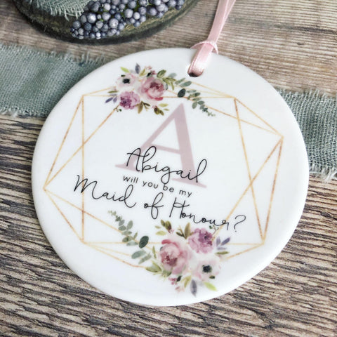 Personalised Will you be my Bridesmaid Proposal Geometric Floral Design Ceramic Keepsake