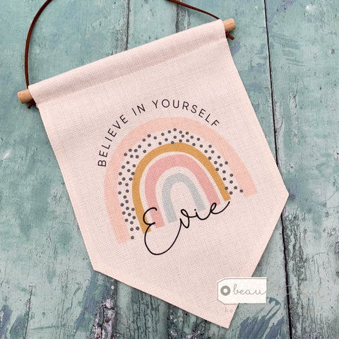Personalised Believe in yourself.. Pastel Rainbow Design Pennant