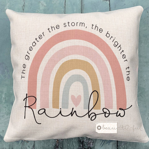 The Greater the storm... Pastel Rainbow Design Cushion