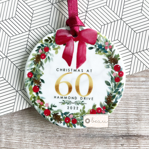 Personalised Christmas at address Bow Greenery Ceramic Round Decoration Keepsake Tree Decoration Ornament