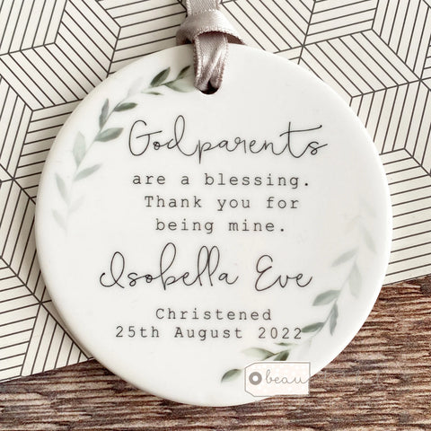 Personalised Godmother Godparents Thank you Decoration Botanical....Round Ceramic ... - Keepsake Decoration - Ornament