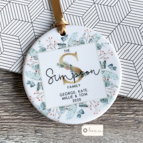 Personalised Family Christmas Monogram Greenery Ceramic Decoration