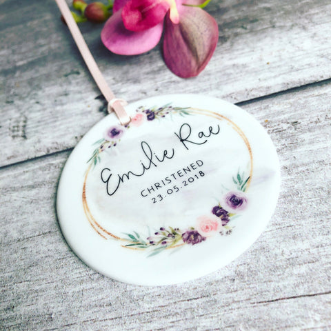 Personalised Christening Baby Girl Pretty Floral Ceramic Round Decoration Ornament Keepsake