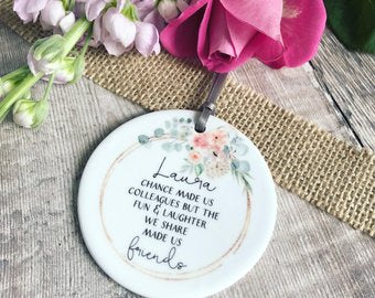 Personalised Chance made us Colleagues.... Quote Blush Floral Ceramic Round Decoration