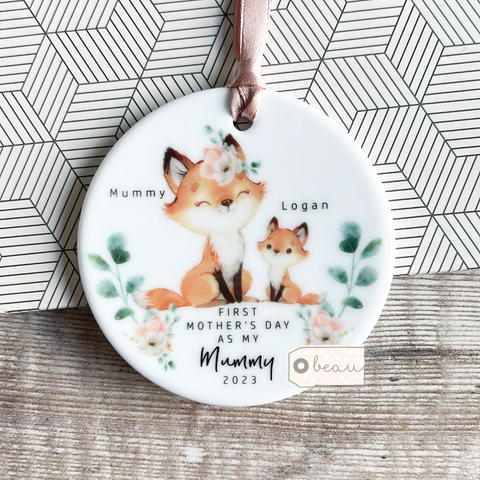 First Mother’s Day as a … Mum Grandma Nan Nanna Gran Nanny Mummy Mammy Fox Greenery... Round Keepsake Hanger - Mother’s Day