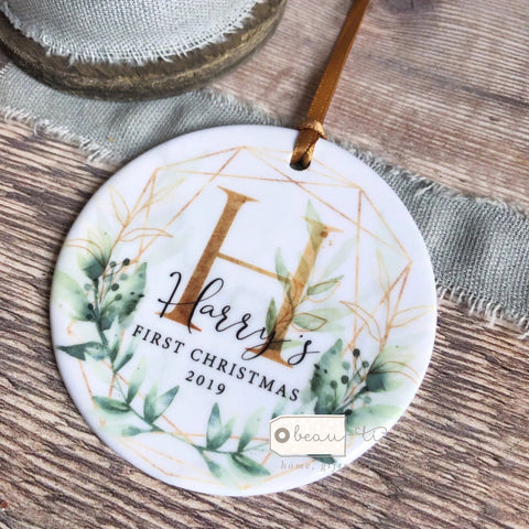 Personalised Baby’s First Christmas Geo greenery Ceramic round Tree Decoration