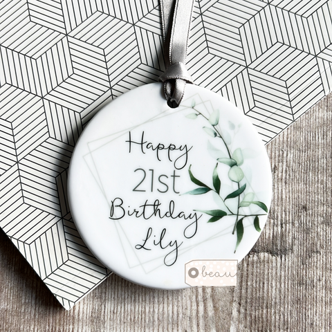 Personalised Happy Birthday 18th 21st 30th 40th .... Modern Greenery design...Round Keepsake