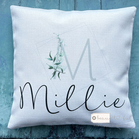 Personalised Name and Initial Modern Greenery Design Cushion