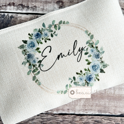 Personalised Name and Initial.. Pale Blue Greenery Design Linen style Make up Bag
