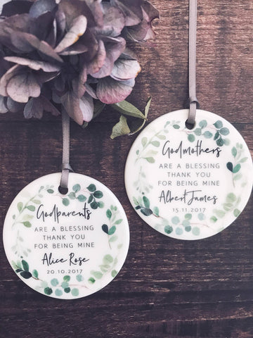 Personalised Godmother Godparents Thank you Decoration Botanical....Round Ceramic ... - Keepsake Decoration - Ornament