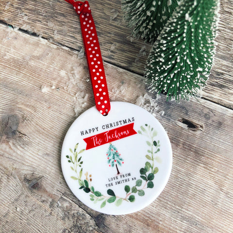 Personalised Happy Christmas Family Christmas Botanical Ceramic Round Decoration Ornament Keepsake