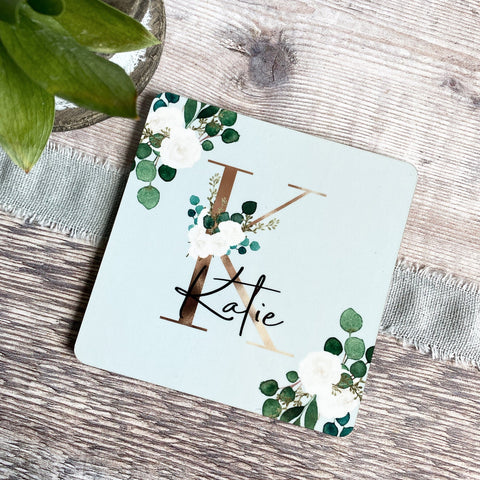 Personalised Name & Initial .. Floral Greenery Design coaster