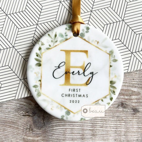 Personalised Baby’s First Christmas Geo greenery Ceramic round Tree Decoration