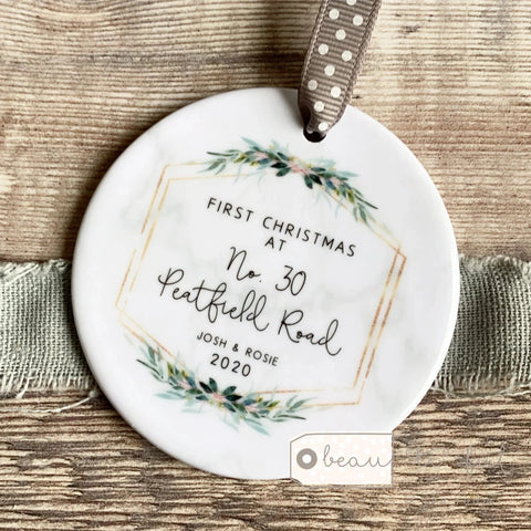 Personalised First Christmas at Address New Home Marble Style Quote Botanical Ceramic Round Decoration Ornament Keepsake
