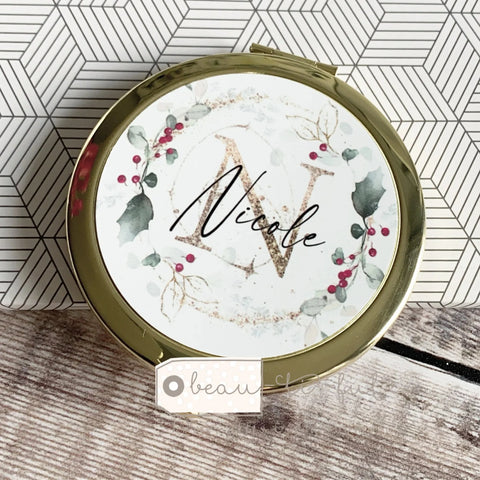Personalised Initial and Name Holly Foliage Greenery Wreath Rose Gold Silver Compact Mirror