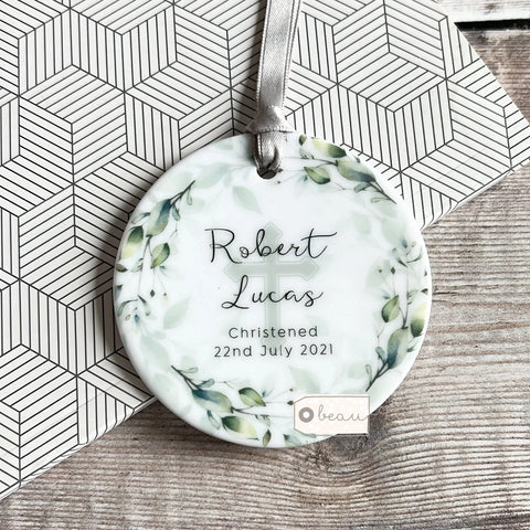 Personalised Christening Baptism Holy Communion Baby Girl Boy Foliage Greenery Ceramic Round Decoration Ornament Keepsake