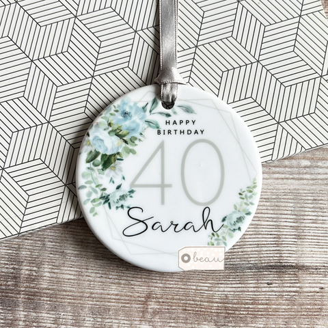 Personalised Happy Birthday 18th 21st 30th 40th .... Pale Blue Greenery design...Round Keepsake Ornament