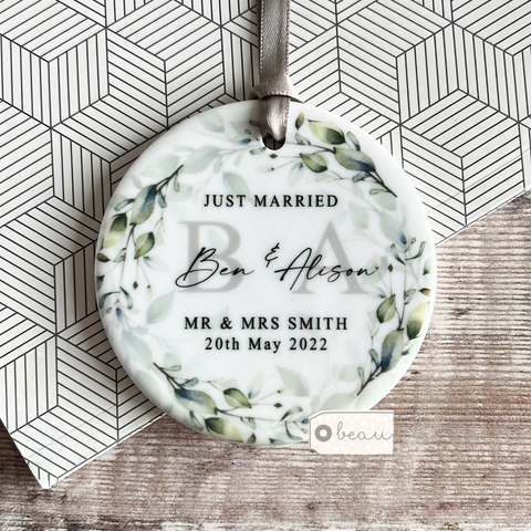 Personalised Just Married Mr & Mrs Wedding Foliage Greenery Wreath Ceramic Ornament Keepsake