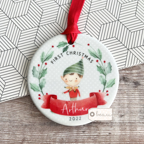 Personalised Baby Babies Baby’s First Christmas Gift Boy Girl Elf Pixie Round Decoration