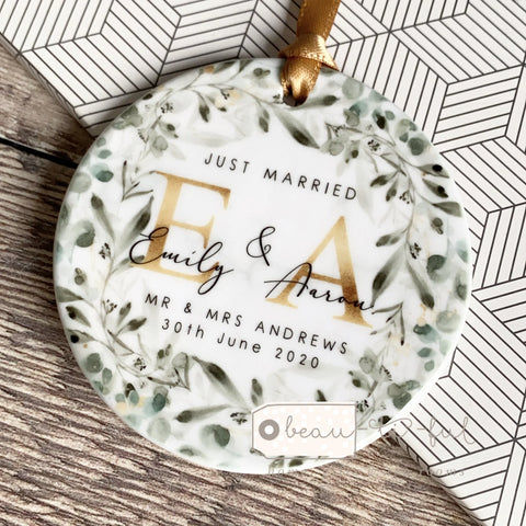 Personalised Just Married Names Mr & Mrs Wedding Eucalyptus Greenery wreath Ceramic Keepsake