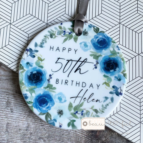 Personalised Happy Birthday Quote Blue Floral Keepsake Ornament