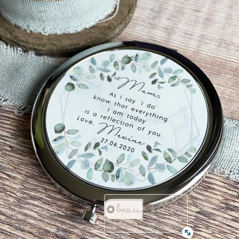 Personalised Mother of Bride Groom As I say ‘I do’ from Bride Groom Quote Geometric Greenery Silver Compact