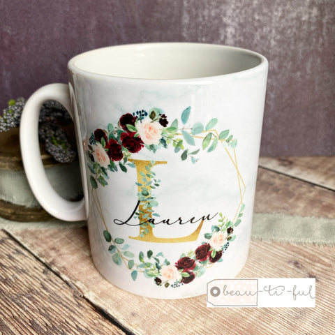 Personalised Name and Initial Mug with Burgundy Floral Botanical