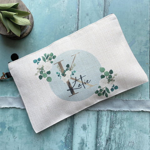 Personalised Name and Initial.. Floral Greenery Design Linen Style Make Up Bag