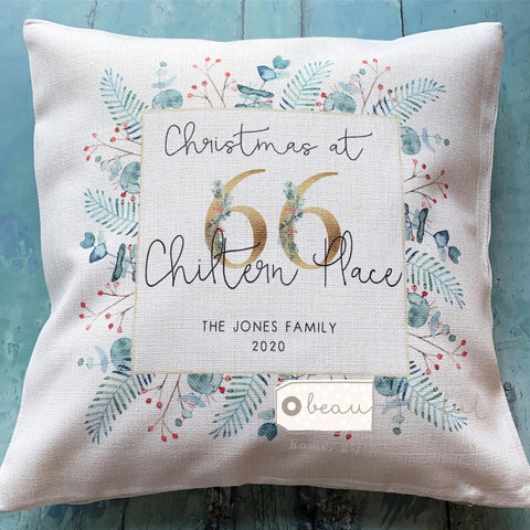 Personalised Christmas at... New Home Family Monogram Greenery  Cushion