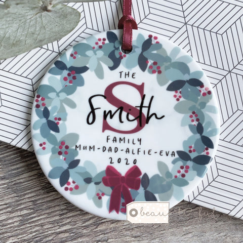 Personalised Family Christmas Traditional Wreath Greenery Ceramic Round Decoration