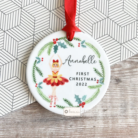 Personalised Baby’s First Christmas New Baby Boy Girl Newborn Nutcracker theme dancer Holly Wreath Greenery Ceramic Round Decoration