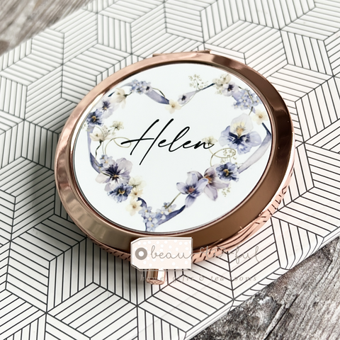 Personalised Initial and Name lilac Floral Design Rose Gold Compact Mirror