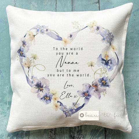 Personalised To the world you are a.... Mum Nanna Nanny Grandma lilac Floral Design Linen style cushion