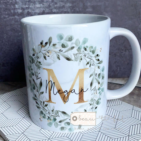 Personalised Name and Initial Mug with Greenery Eucalyptus Botanical Wreath Detail