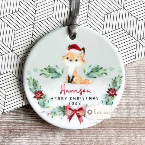 Personalised Merry Christmas Woodland fox Gift Boy Girl Acrylic or ceramic Round Decoration